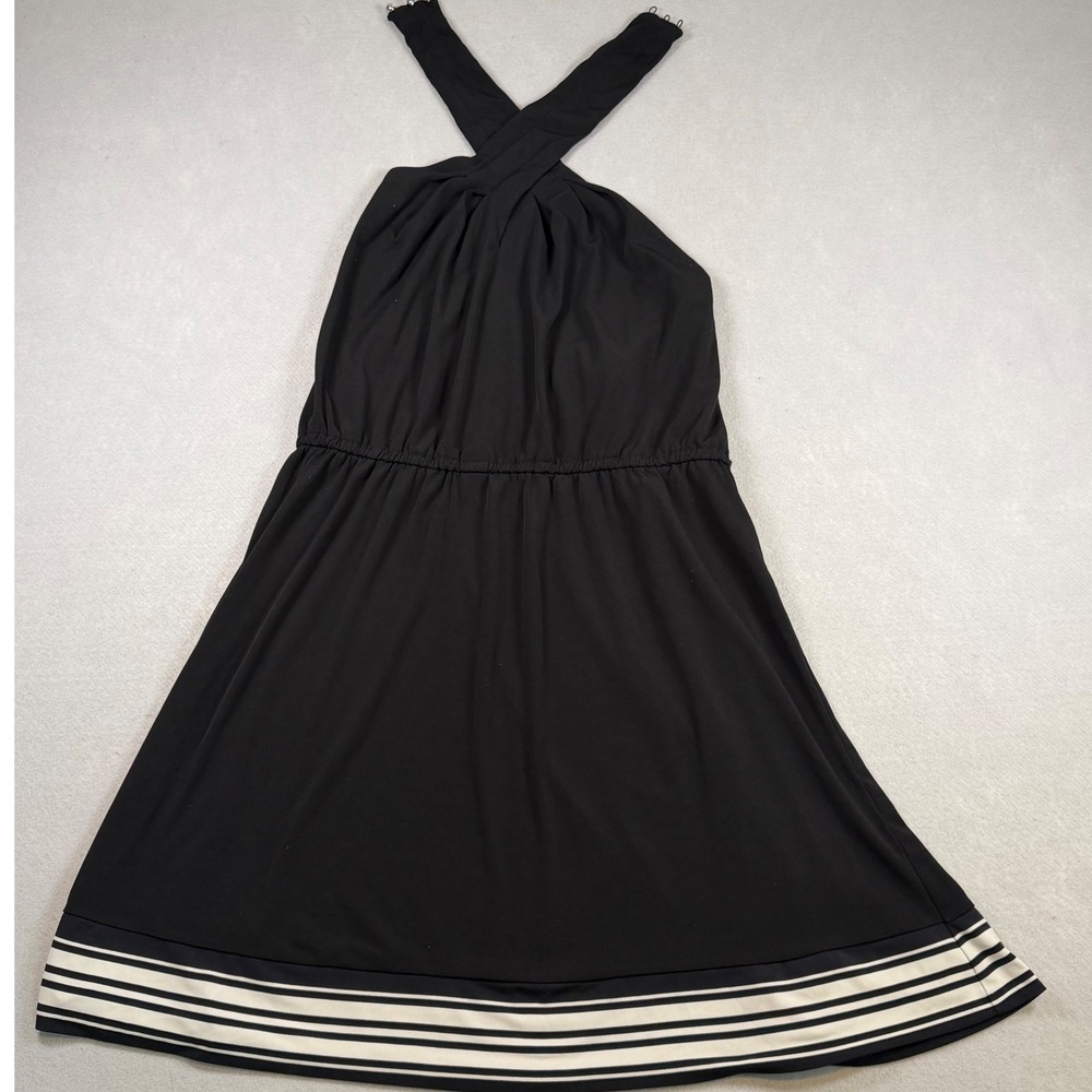 Michael Kors Black Halter Neck Dress XL Striped Hem Elastic Waist Sleeveless